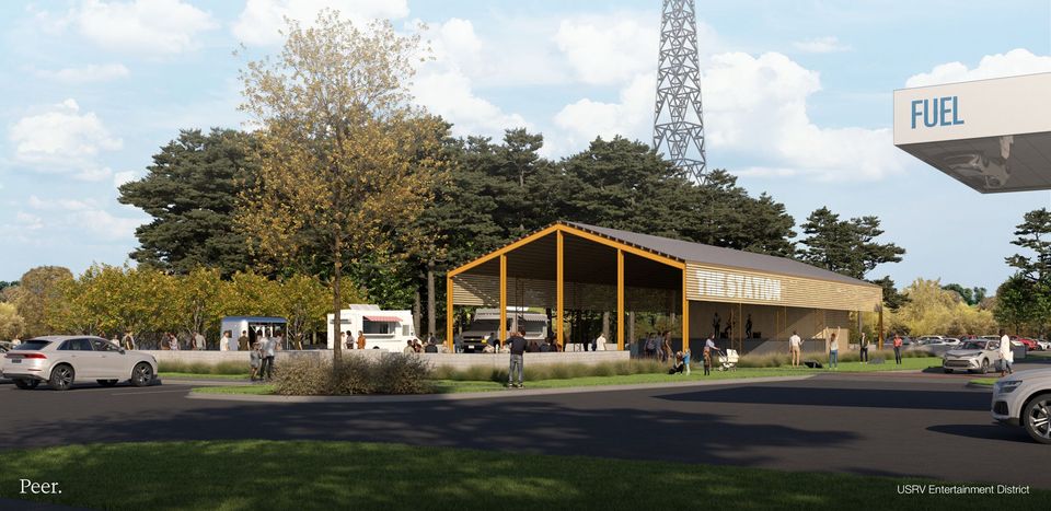 Architectural rendering of The Station: a timber-framed covered pavilion with a stage, food trucks and guests on the lawn